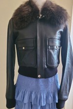 GIVENCHY NWOT 5999, Black Leather Jacket , Removable Real Fur Collar US10 FR42