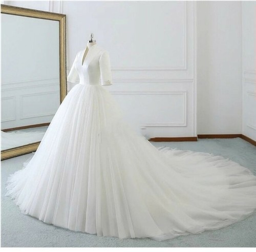 UK Royal White ivory Bridal Satin Half Sleeves A Line Wedding Dresses Size 6-22 - Picture 2 of 4