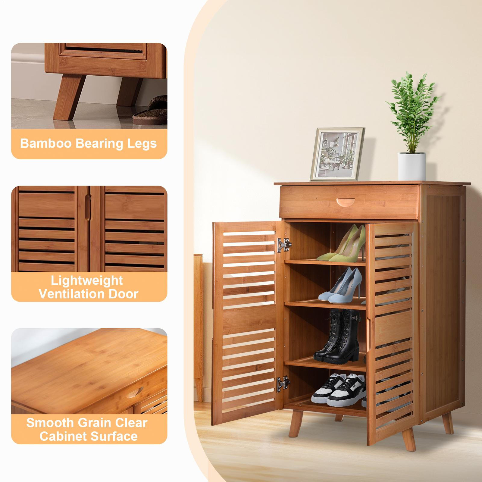 Vintage Shoe Cabinet with Drawers, 4 Tier Bamboo Shoe Organizer Cabinet