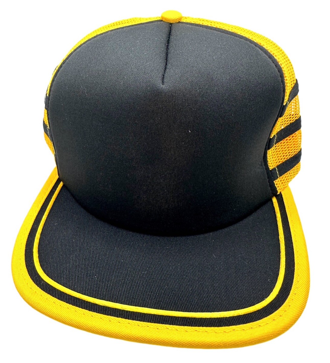 Three Striped Vintage Style Trucker Hat Black Yellow Foam Cap