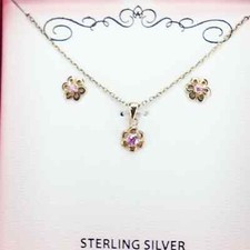 Jasco Children Pink Cubic Zirconia Flower Pendant Necklace Earrings Set