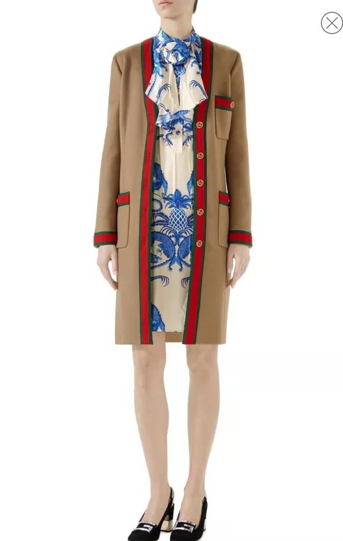 Abito Gucci nuovo con etichette 40 draghi su twill blu avorio blu arricciacapelli esaurito