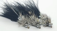 Humungus Bead Eye Black & Silver Lure Streamers Sz 10 Trout Fly Fishing Flies.