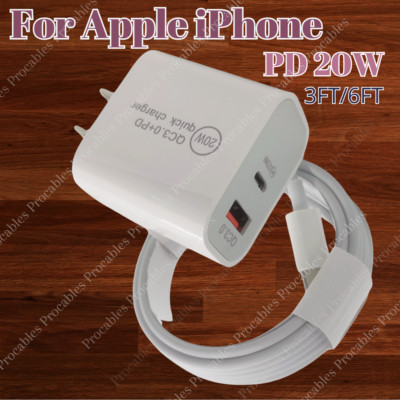 USB C 20W Fast Charger Adapter PD Type C Cable For iPhone 16 15 14 13 12 11 iPad