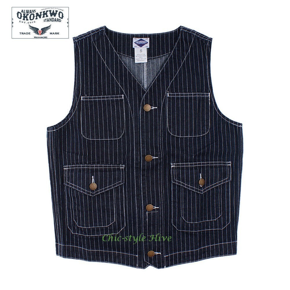 Vintage Mens Denim Waistcoat Indigo Blue Striped Workwear Vest Retro Casual