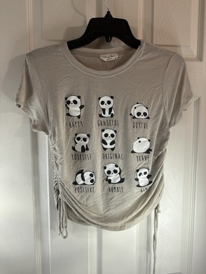 Heaven Sent Women M T-Shirt Top Blouse Stretch Panda Fun Ruched Short Sleeve 