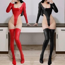Women Wetlook PVC Leather Bodycon Catsuit Bodysuit Thong Leotard Shiny Stockings