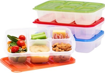Reusable 5-Compartment Food Containers, Stackable 8-Piece Set, 4 Trays & 4 Lids