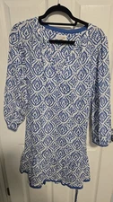 Velvet by Graham & Spencer Boho Tunic Dress Top L Blue White Geometric Print