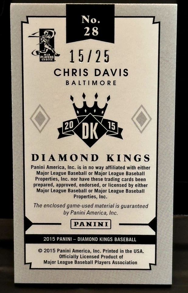 Chris Davis 2015 Panini Donruss Diamond Kings Game Used Patch Mini Orioles /25 - Image 2 of 2
