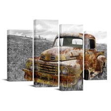 Large Car Canvas Wall Art, Rustic Farmhouse Wall Decor - Old Big Truck Car Po...