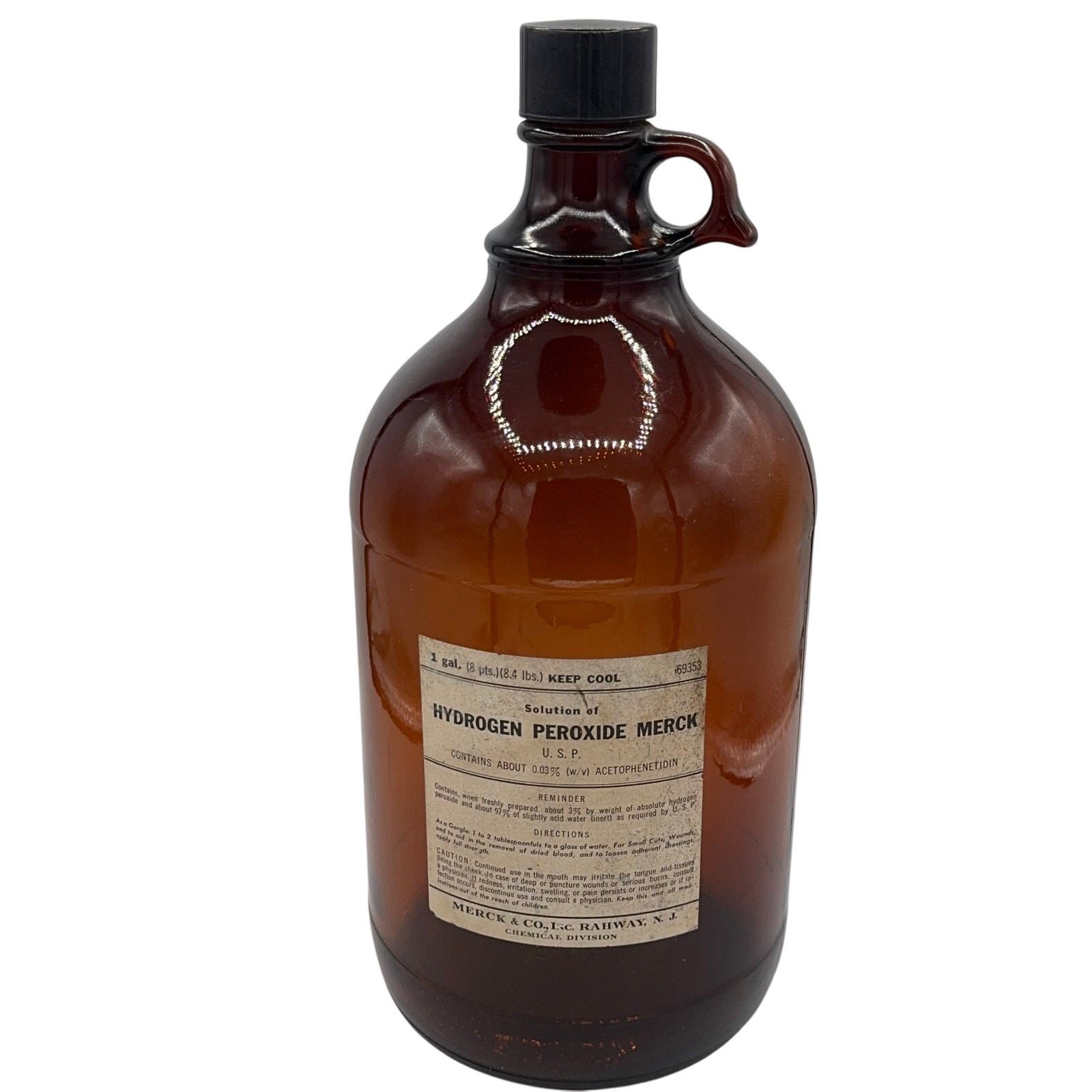 Vintage Merck Hydrogen Peroxide Amber Glass Jug 1 Gallon Brown Apothecary Bottle