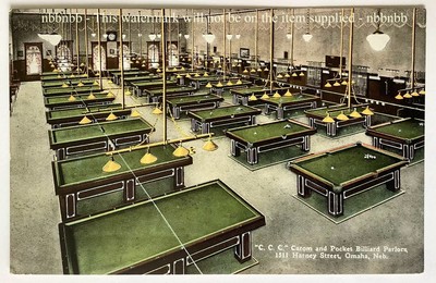 Pool und Billardstube Postkarte um 1910. Carom & Pocket Billard, Omaha NE
