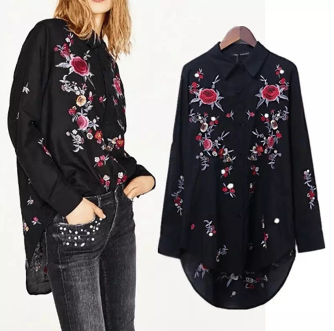 Zara Floral Embroidered Tunic Button Front Top Medium Black Flower Boho Blouse
