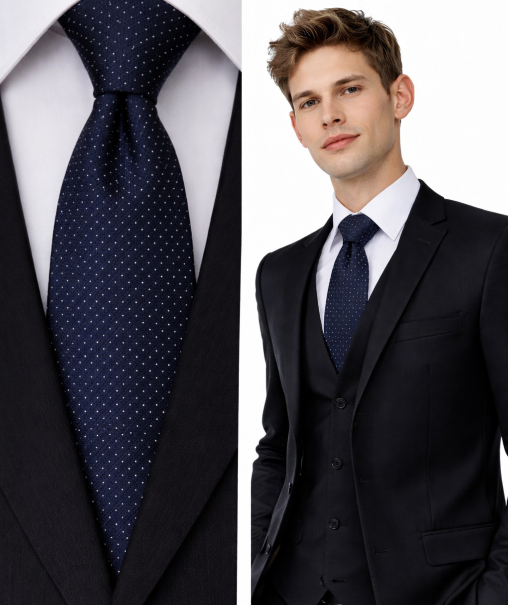 Polka Dot Mens Tie in Navy Blue & White Silver Wedding Formal Work Office