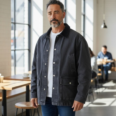 #ad NWT Madewell Mens Washed Black Denim Corduroy Collar Chore Jacket Size Large $108.00