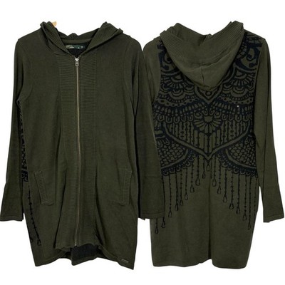 PrAna Green Zip Up Misha Duster Sweater Medium Hooded Jumper Jacquard Pattern