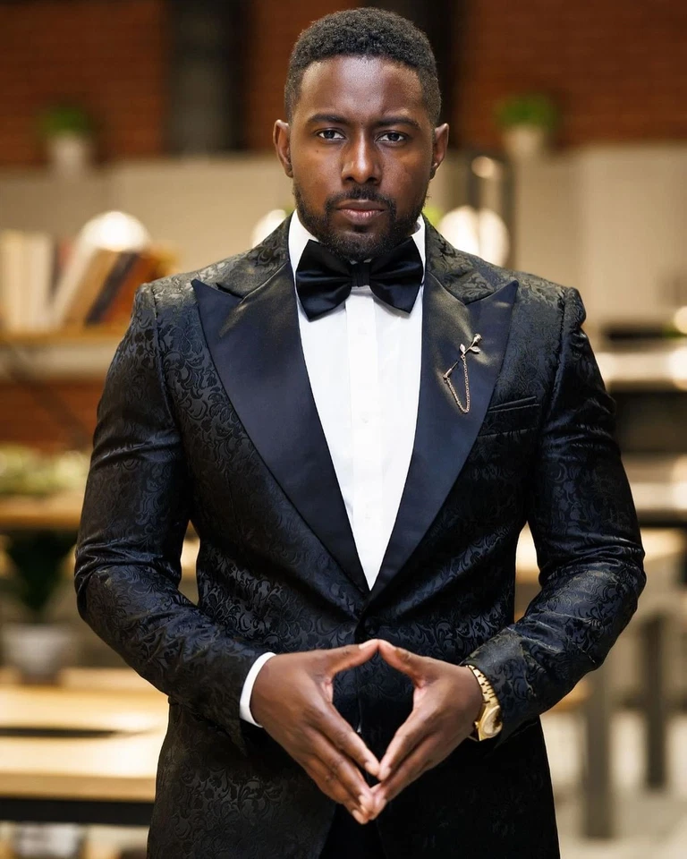 Traje de Lujo Jacquard Para Hombre Negro Boda Esmoquin Fiesta Baile de graduación Blazer Pantalón A Medida Foto 3 de 4