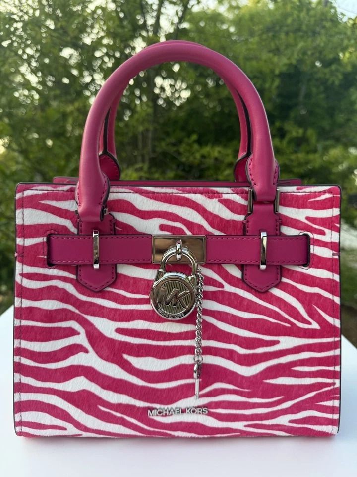 Michael Kors Small Hamilton Satchel Zebra Print Calf Hair Leather Dragonfruit