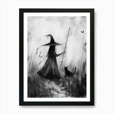 Hexe und Katze 2 Kunstdruck gerahmt Wandbild Poster Leinwanddruck Bild