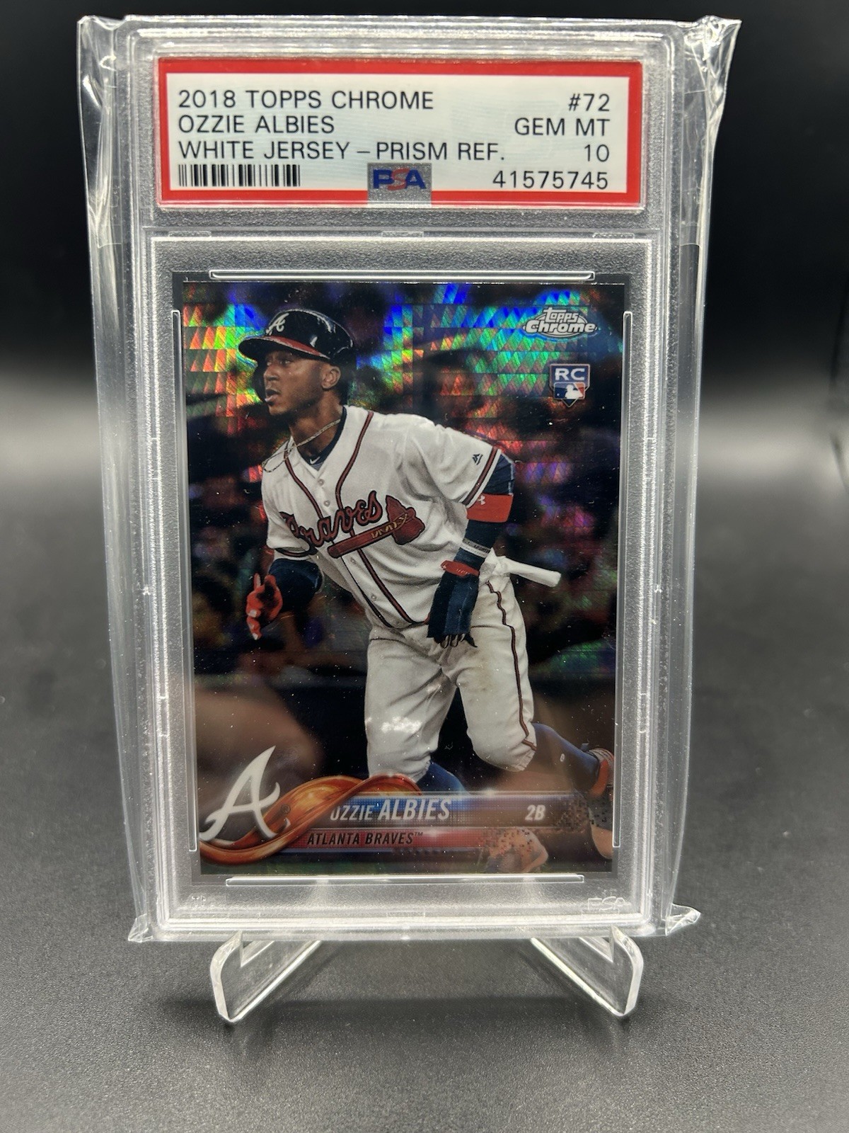 2018 Topps Chrome Prism Refractor #72 Ozzie Albies White Jersey Rookie PSA 10