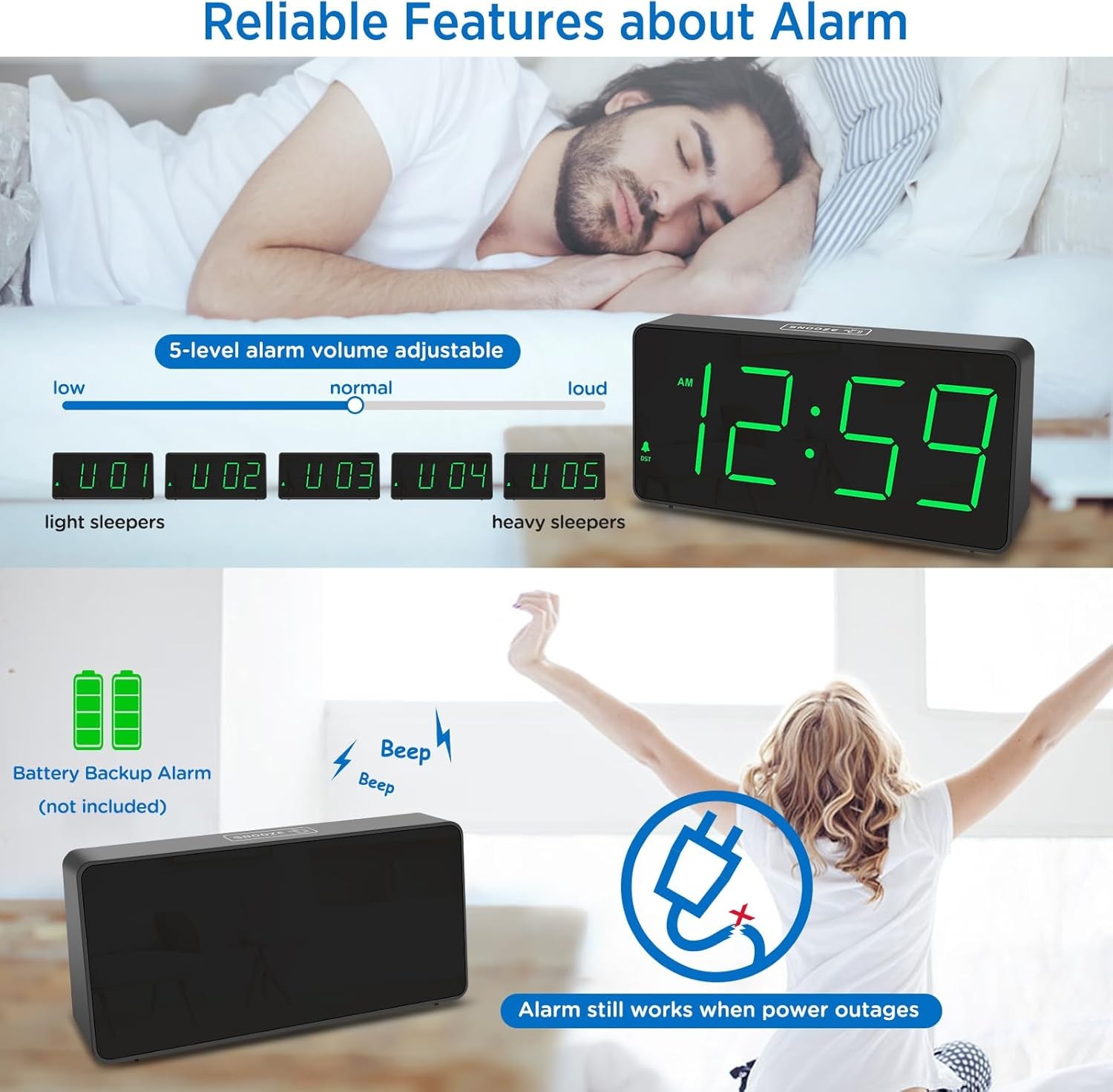 Peakeep Digital Clock, Alarm Clock for Bedrooms with USB Charger Port - Green 