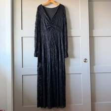 Black Lace Maxi Dress Women XL Long Sleeve V-Neck Evening Whimsigoth Gothic