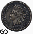 1863 Indian Head Cent Penny, Civil War Date, Reverse Die Break Error