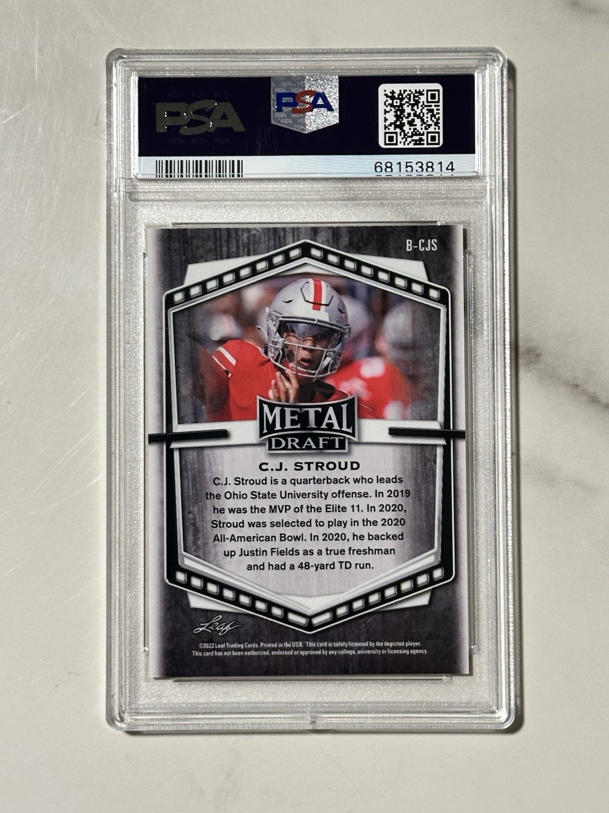 CJ Stroud 2022 Leaf Draft Metal Orange Crystal #B-CJS PSA 9 MINT POP 1 RC Texans view 2