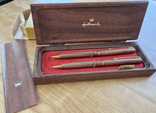 Hallmark Walnut Blue Ballpoint Pen & Mechanical Pencil Set in Wooden Box Vintage