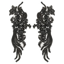 1 Pair 14"x5" Handmade Rhinestone Applique Beaded Applique Patch Black