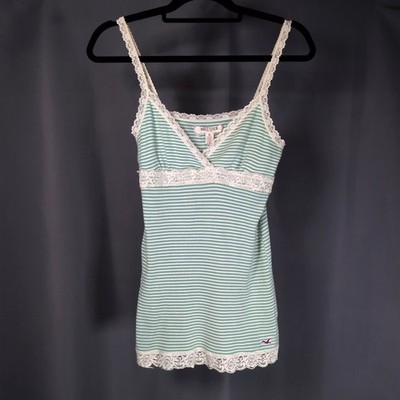 Y2K Vintage Hollister Green Cream Striped Lace Lined Long Cami Tank Top Medium