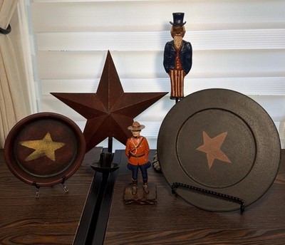 Primitive Americana Farmhouse Decor Lot Uncle Sam Barn Star Plates Folk Art 