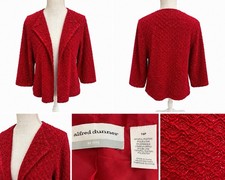 Alfred Dunner Petite 14P Red Sparkly Textured Open Front Blazer Jacket Lined