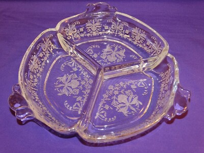 LOVELY HEISEY GLASS QUEEN ANN 7'' TRIPLEX 3 PART RELISH DISH W/ ORCHID ETCH