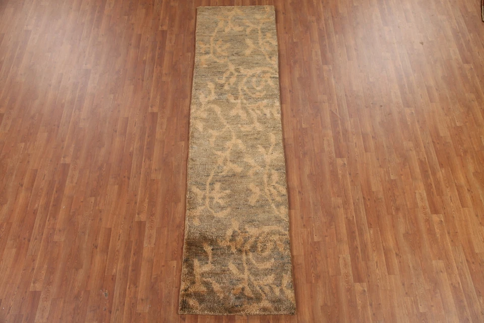 Nature Print Green Moroccan Modern Hand-made Oriental Runner Rug 2' 7" x 9' 9" - Image 2 of 4