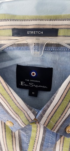 Ben Sherman Shirt Size Medium S/S Blue W/Green Tan Stripes Button On Sleeve $89 - Picture 2 of 10