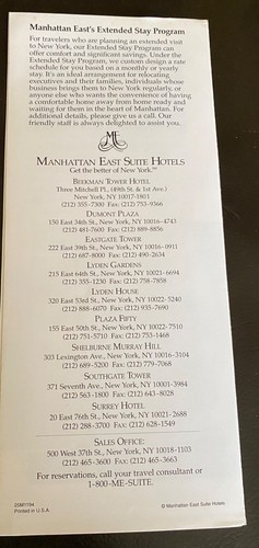 Vintage 1994 Lyden Gardens Manhattan East Suite Hotels NYC NY Brochure - Picture 3 of 3