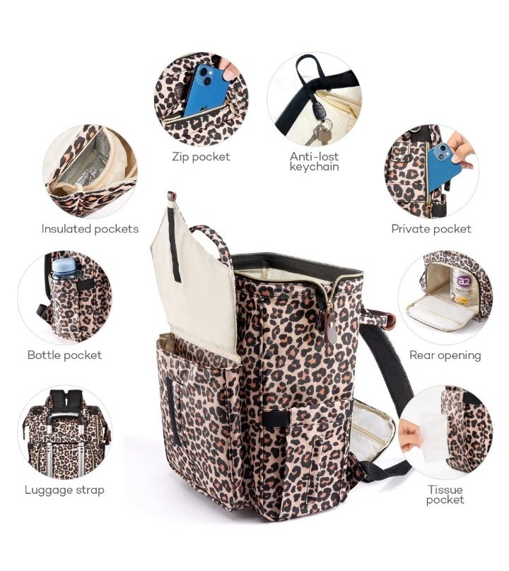 Stylish Leopard Print Baby Diaper Backpack – Large Capacity for Moms-image
