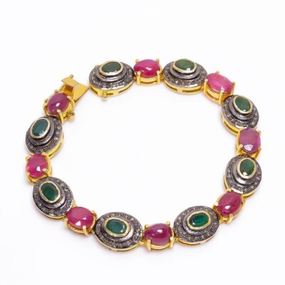 Natural Diamond Bracelet 925 Sterling Silver Emerald And Ruby Bracelet For Her