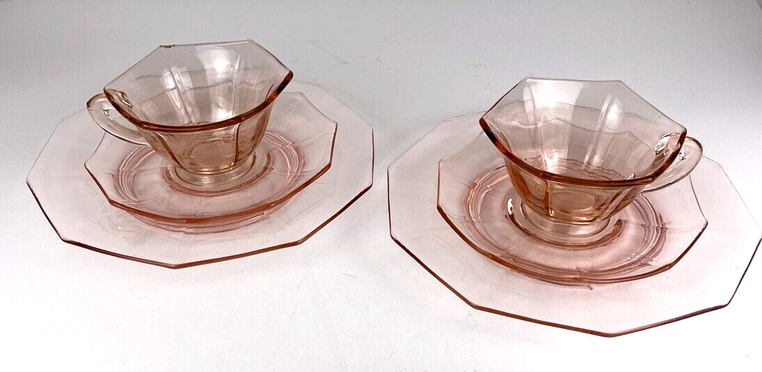 Cambridge Pink Depression Glass Tea Luncheon Set for 2 Octogon Teacups