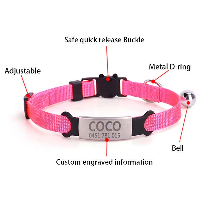 Personalised Cat Collar Custom Name / Number Bell Safe Buckle 8 Colors - image 4 of 4