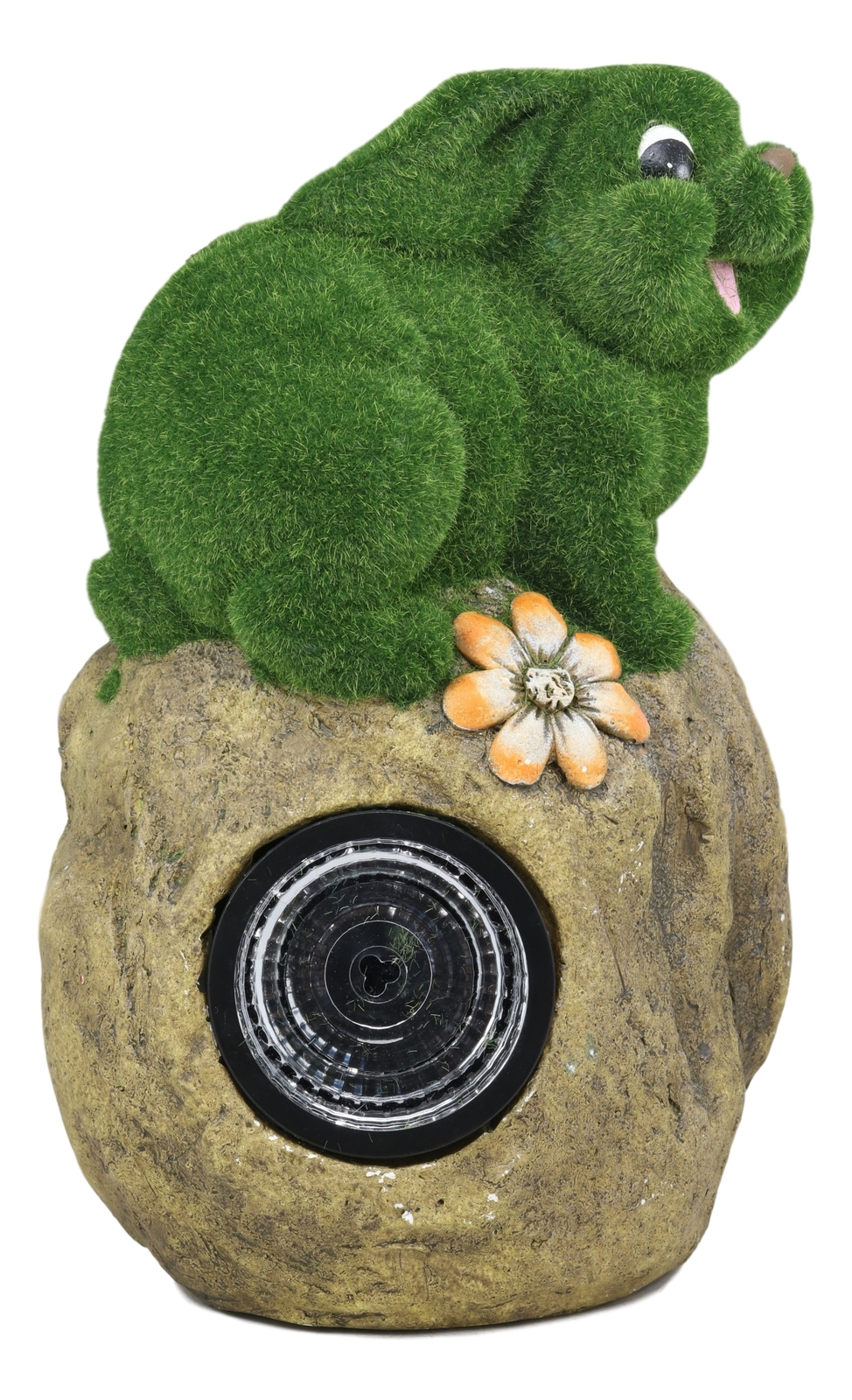 Solar Powered Rabbit On Garden Rock Figurine In Flocked Artificial ...