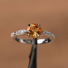 1.20Ct Round Lab-Created Citrine Solitaire Engagement Ring 14K White Gold Plated