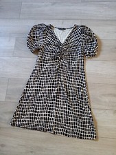Next Cream & Black Rectangle Print Stretch Flared Dress Business Work Smart UK12
