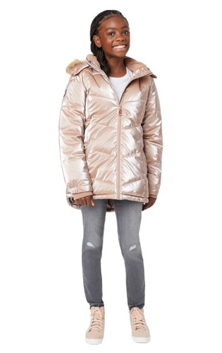 Justice Girls Puffer Jacket Pink Rose Gold Hood Pockets Sherpa Lined Size 16/18 - Picture 3 of 12
