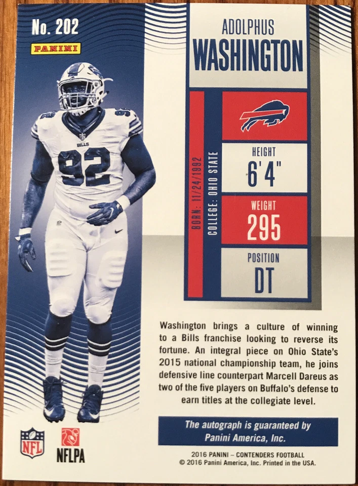2016 Panini Contenders Playoff Ticket Autograph Adolphus Washington #202 - Image 2 of 3