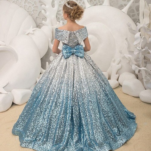 Kids Prom Dresses Girls Sequins Ball Gowns Evening Party Dress Blue and white - Picture 3 of 11