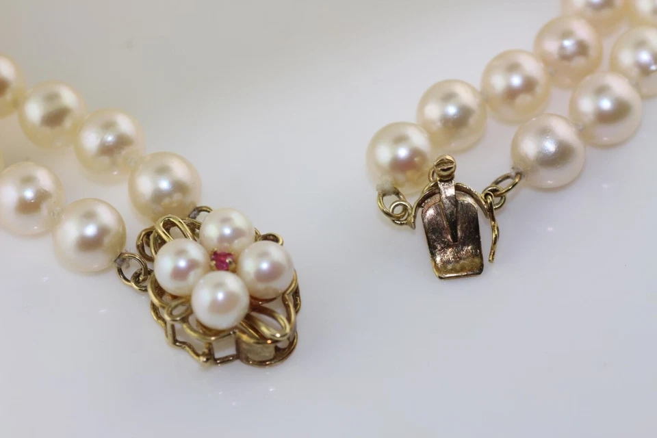 14K yellow gold 7" 2-row 6-7mm cultured pearl bracelet with ruby clasp - Image 2 of 3