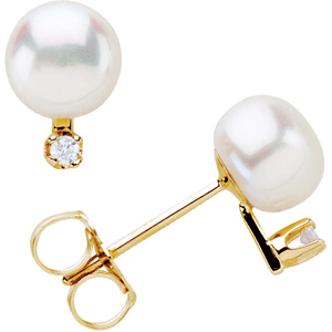 Brandneu 14 Karat Gelbgold 6 mm Zuchtperlen & Diamant Ohrstecker - Bild 1 von 2